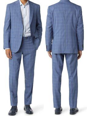 Ted Baker Men's Jay Slim Fit 2-Piece Plaid Stretch Wool Suit Blue Size 42 R / 35